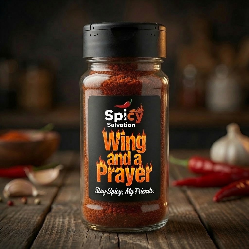 A jar of SpicySalvation Wing and a Prayer Buffalo Rub